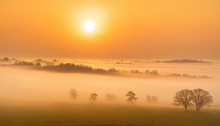 Foggy sunrise over the meadow with trees in the foregroundの素材
