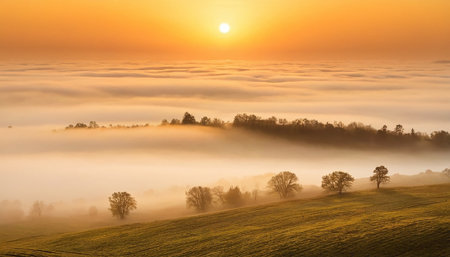 Sunrise over the foggy meadow with trees in the foregroundの素材