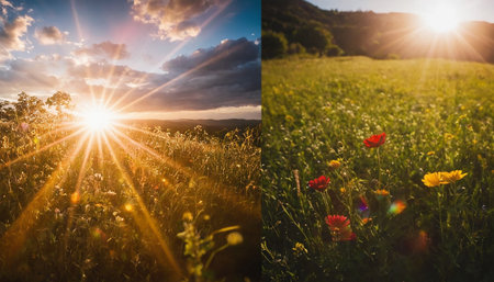 Sunset over the meadow with flowers. Collage of nature.の素材