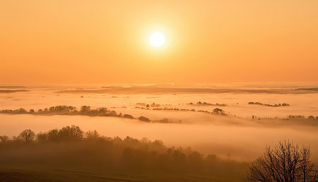 Foggy sunrise over the fields in the countryside. Landscape.の素材