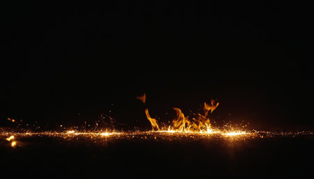 Fire flames with sparks isolated on black background. Abstract fire flames backgroundの素材