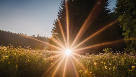 Sunset in the meadow with sunbeams and wildflowersの素材