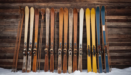 Skiing equipment in front of a wooden wall in the snowの素材