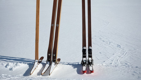 Close-up of skis on the snow in the mountains.の素材