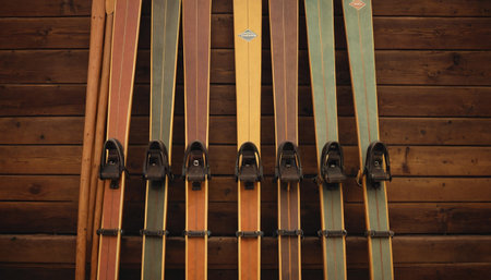 Closeup of a row of wooden skis hanging on a wallの素材