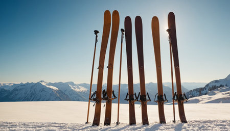 Group of skis on the background of snow-capped mountainsの素材