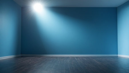 Empty room with blue wall and floor, 3d rendering. Computer digital drawing.の素材