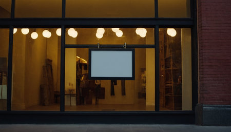 Shop window with a blank billboard on the wall of the store.の素材