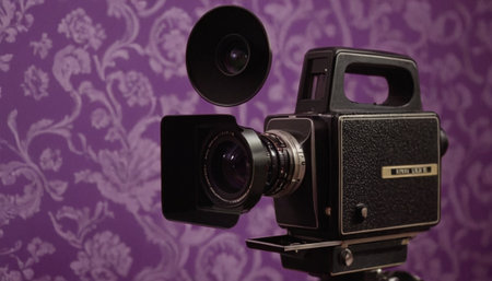 Vintage camera on a tripod on a background of purple wall.の素材