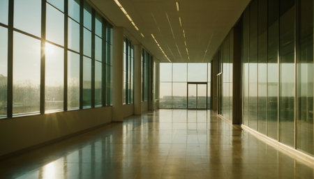 Interior of a modern office building with large windows, panoramaの素材