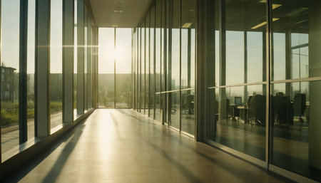 Interior of modern office building with glass walls and sunlight passing through themの素材