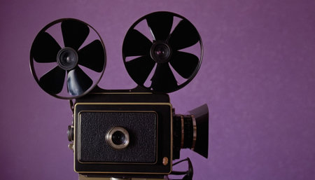 Old movie camera on a purple background. The concept of cinema.の素材