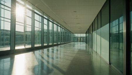 interior of a modern office building with glass walls, wide photoの素材
