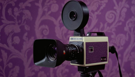Vintage movie camera on a purple background. Filtered image processed vintage effect.の素材
