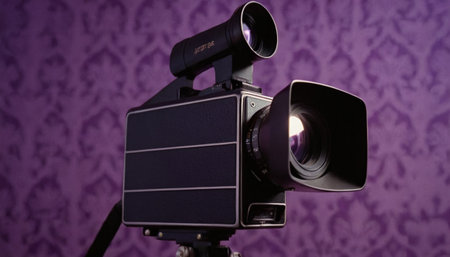 Vintage video camera on a purple background, close-up.の素材