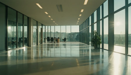 Interior of modern office building with glass walls and concrete floor.の素材