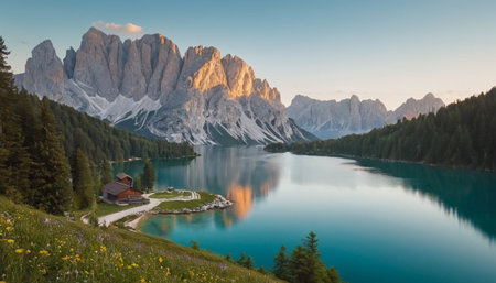 Panoramic view of beautiful Dolomites mountain lake in Italyの素材