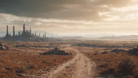 Ruins of an industrial complex in the desert at sunset. 3d renderingの素材