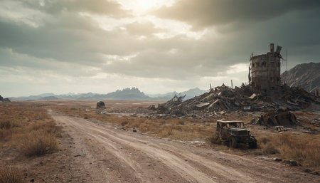 Ruins of a ruined house in the middle of the desert.の素材