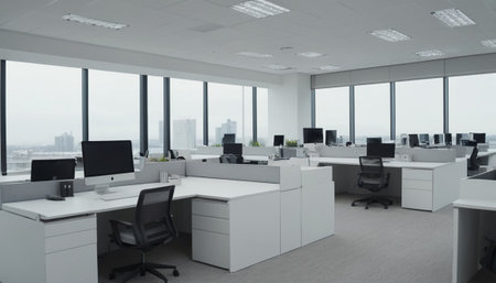 Modern office interior with panoramic city view. 3D Renderingの素材