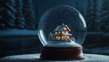 Snow globe with house in the forest at night. 3D rendering.の素材