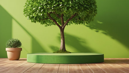 3d rendering of green podium and tree on green background for product displayの素材