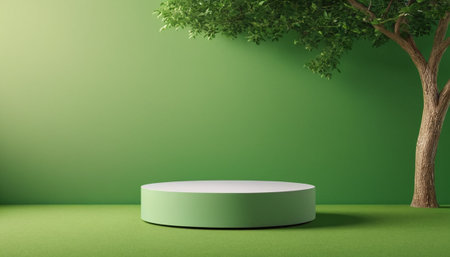 3d render, abstract green background with round podium and tree.の素材