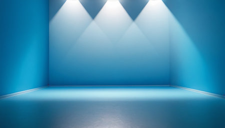 Blue empty room with spotlights on the wall. 3D renderingの素材