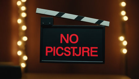 Movie clapper board with NO PICTURE text on wooden backgroundの素材