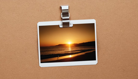 Photo frame with seascape on brown background. Travel concept.の素材