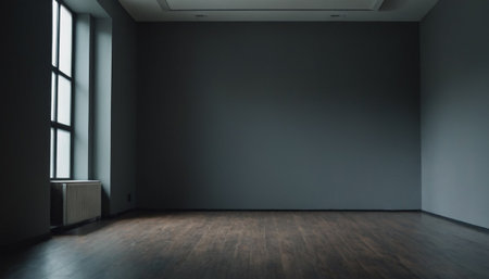 3d rendering of empty room with black wall and wooden floor.の素材