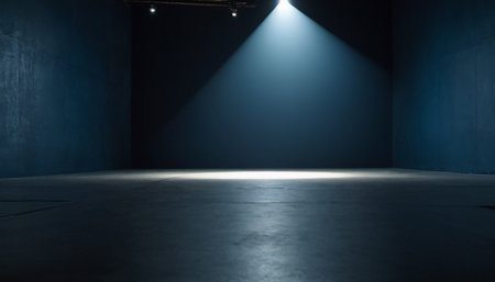 Empty stage with spotlights in a dark room, 3D renderingの素材