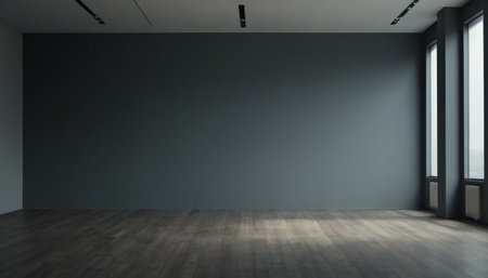 Empty room with black wall and wooden floor. 3D Renderingの素材