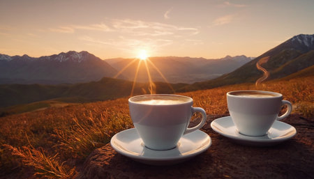Two cups of coffee on the background of the mountains at sunset.の素材