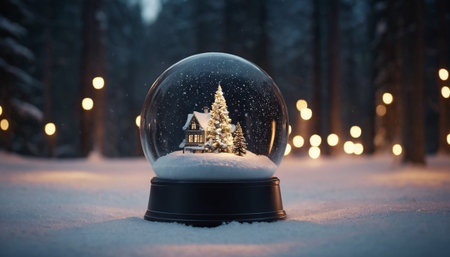 Snow globe with christmas tree in snowy forest at night. Christmas and New Year concept.の素材