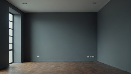 Empty room with gray walls and wooden floor. 3d rendering.の素材