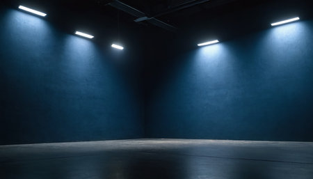 Empty dark room with blue wall and spotlights. 3d renderingの素材