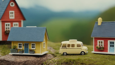Miniature model of a house with a camper van in the backgroundの素材