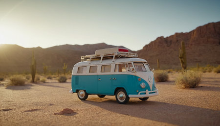 Vintage camper van in the desert with mountains in the backgroundの素材