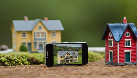 Smartphone with real estate application on the screen. Smartphone with model house.の素材