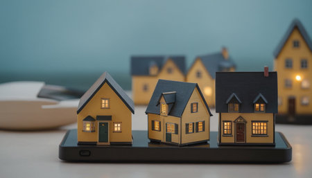 Real estate concept. Smartphone with miniature houses. 3d renderの素材