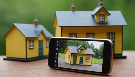 Smartphone with home images on the screen. Smartphone with a photo of a house on the screen.の素材