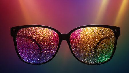 Sunglasses with bright sparkles on a colorful background close-upの素材