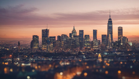 Downtown Los Angeles skyline at sunset, California, United States.の素材