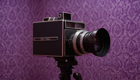 Vintage film camera on a tripod on a background of purple wallの素材