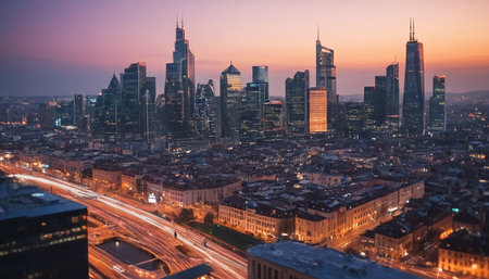 Panoramic view of the city of Shanghai at sunset, Chinaの素材