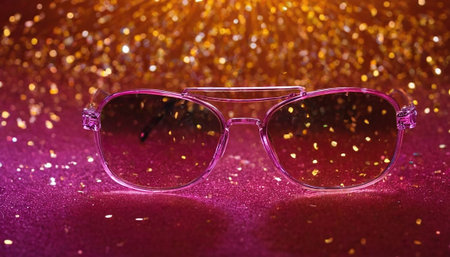 Sunglasses on a purple background with sparkles. Selective focus.の素材