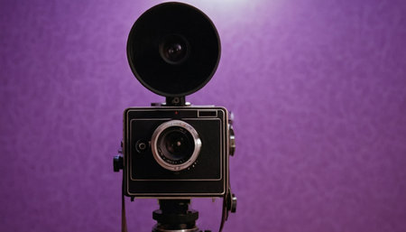 Vintage camera on a purple background. Vintage camera on a purple background.の素材