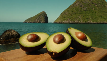 Avocado on a wooden table on a background of the sea and mountainsの素材