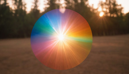 Sunset over the forest with lens flare and lens flare effect.の素材